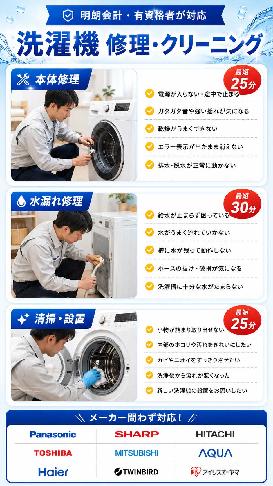 洗濯機修理・点検の施工事例。水漏れ・異音・故障など様々なトラブルに対応